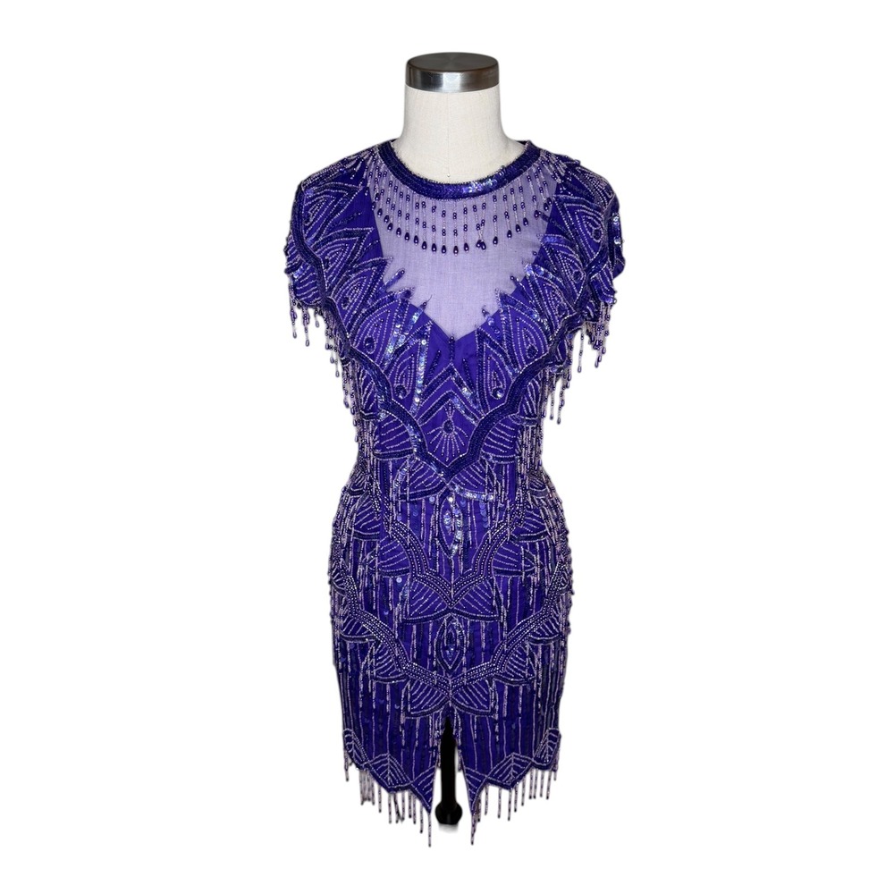 LAURENCE KAZAR Beaded Silk Dress Purple Sequin Fringe Women's PS Small Gatsby